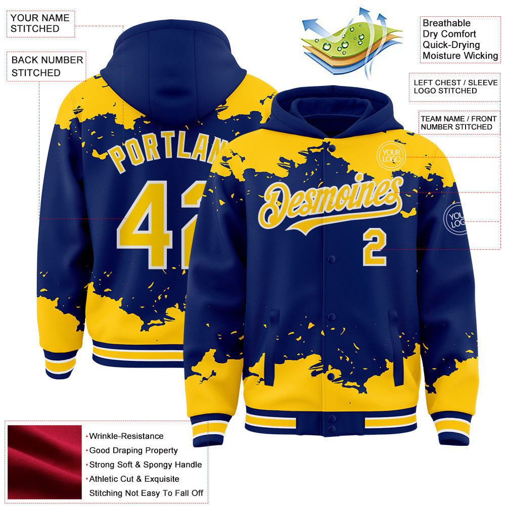 Custom Royal Yellow-White Splash Art 3D Pattern Design Bomber Full-Snap Varsity Letterman Hoodie Jacket view 4