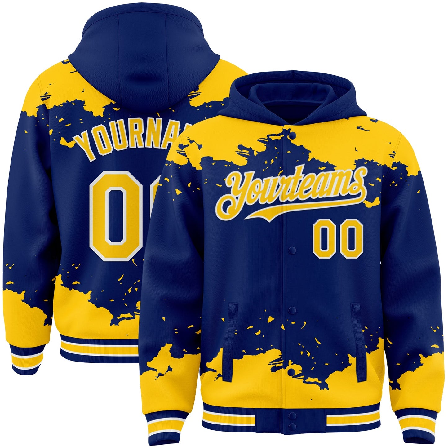 Custom Royal Yellow-White Splash Art 3D Pattern Design Bomber Full-Snap Varsity Letterman Hoodie Jacket - Main View