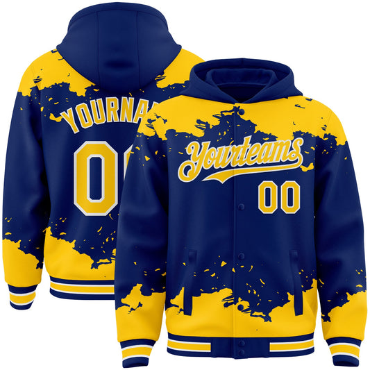 Custom Royal Yellow-White Splash Art 3D Pattern Design Bomber Full-Snap Varsity Letterman Hoodie Jacket - Main View