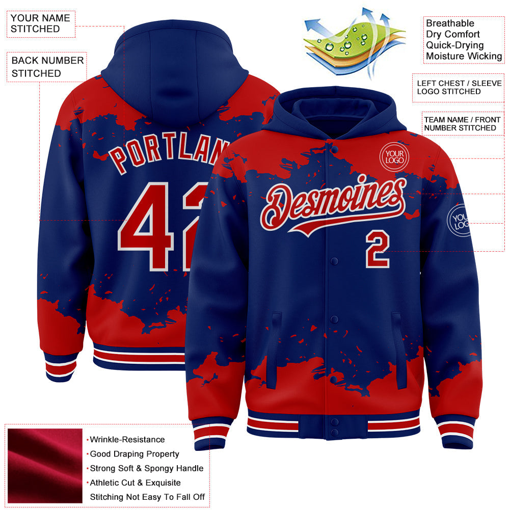Custom Royal Red-White Splash Art 3D Pattern Design Bomber Full-Snap Varsity Letterman Hoodie Jacket view 4