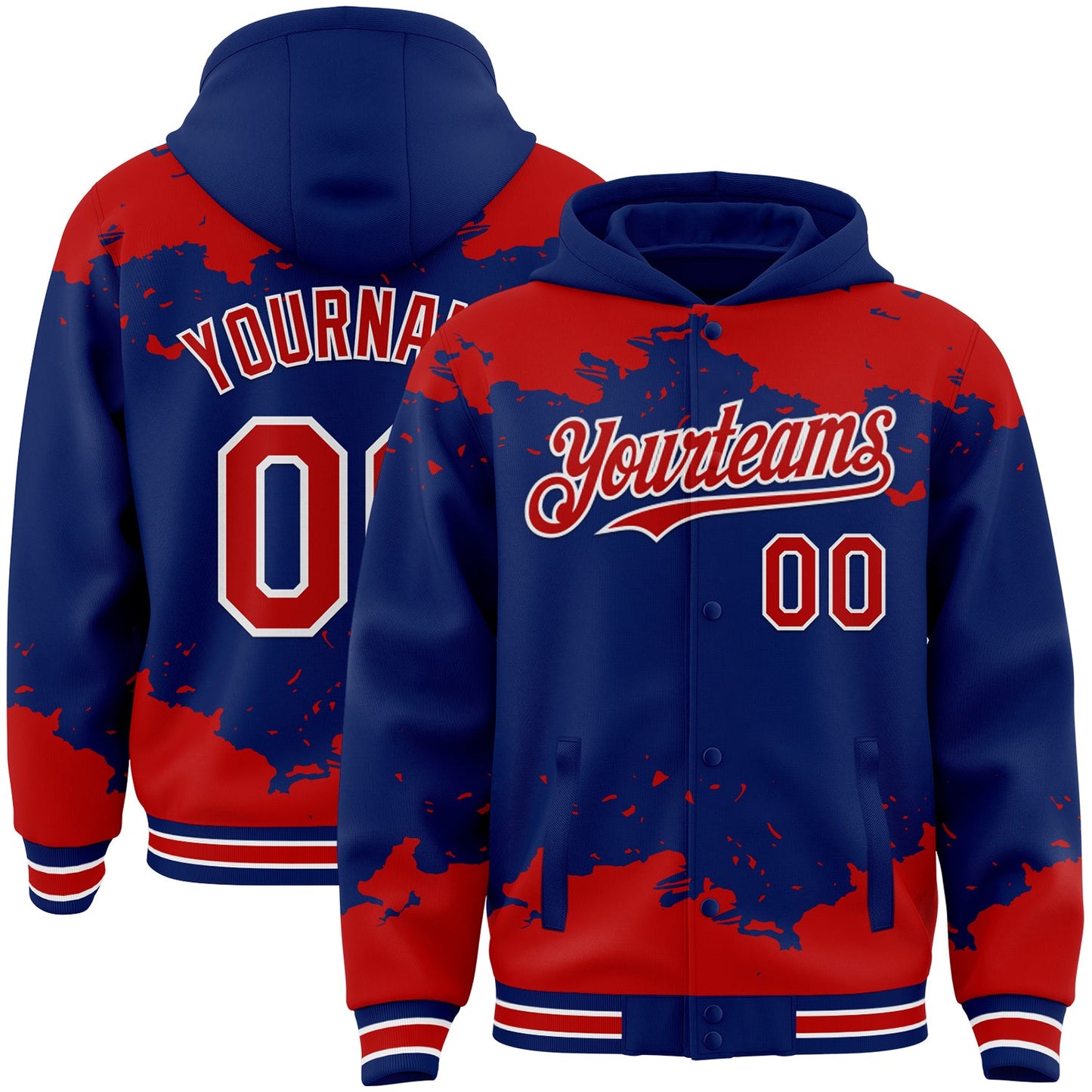 Custom Royal Red-White Splash Art 3D Pattern Design Bomber Full-Snap Varsity Letterman Hoodie Jacket - Main View