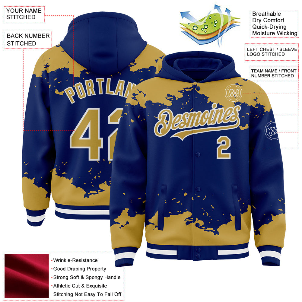Custom Royal Old Gold-White Splash Art 3D Pattern Design Bomber Full-Snap Varsity Letterman Hoodie Jacket view 4