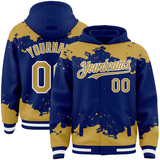 Custom Royal Old Gold-White Splash Art 3D Pattern Design Bomber Full-Snap Varsity Letterman Hoodie Jacket - Main View
