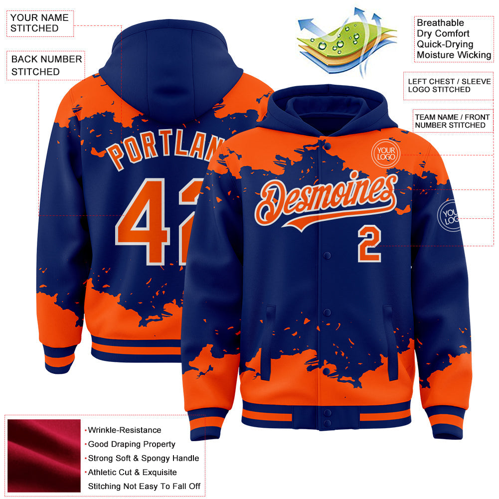 Custom Royal Orange-White Splash Art 3D Pattern Design Bomber Full-Snap Varsity Letterman Hoodie Jacket view 4