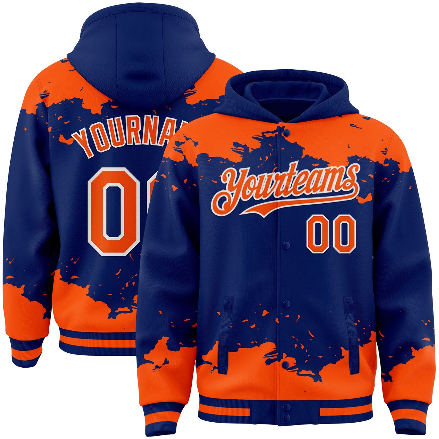 Custom Royal Orange-White Splash Art 3D Pattern Design Bomber Full-Snap Varsity Letterman Hoodie Jacket - Main View
