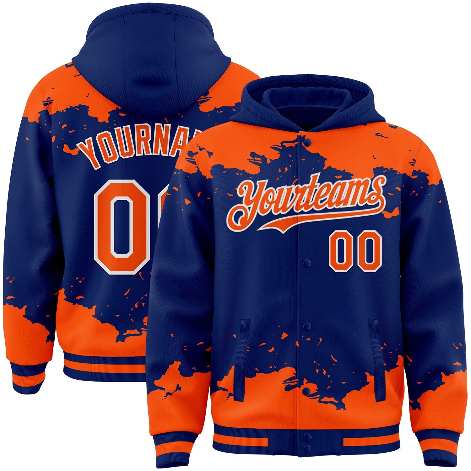 Custom Royal Orange-White Splash Art 3D Pattern Design Bomber Full-Snap Varsity Letterman Hoodie Jacket - Main View