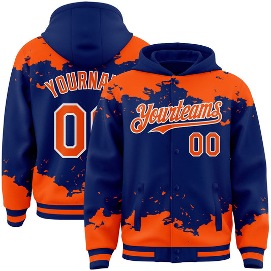 Custom Royal Orange-White Splash Art 3D Pattern Design Bomber Full-Snap Varsity Letterman Hoodie Jacket - Main View