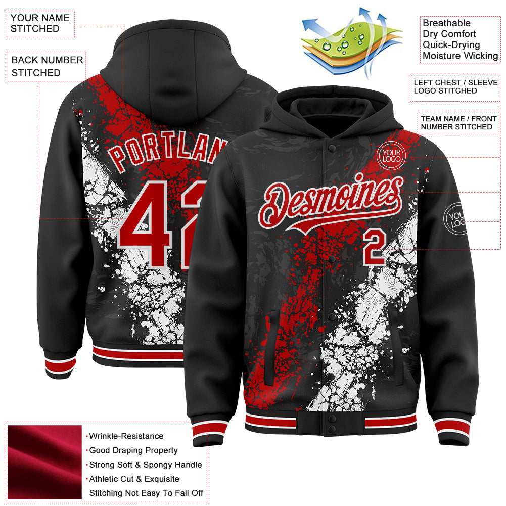 Custom Black Red-White Splash Art 3D Pattern Design Bomber Full-Snap Varsity Letterman Hoodie Jacket view 4