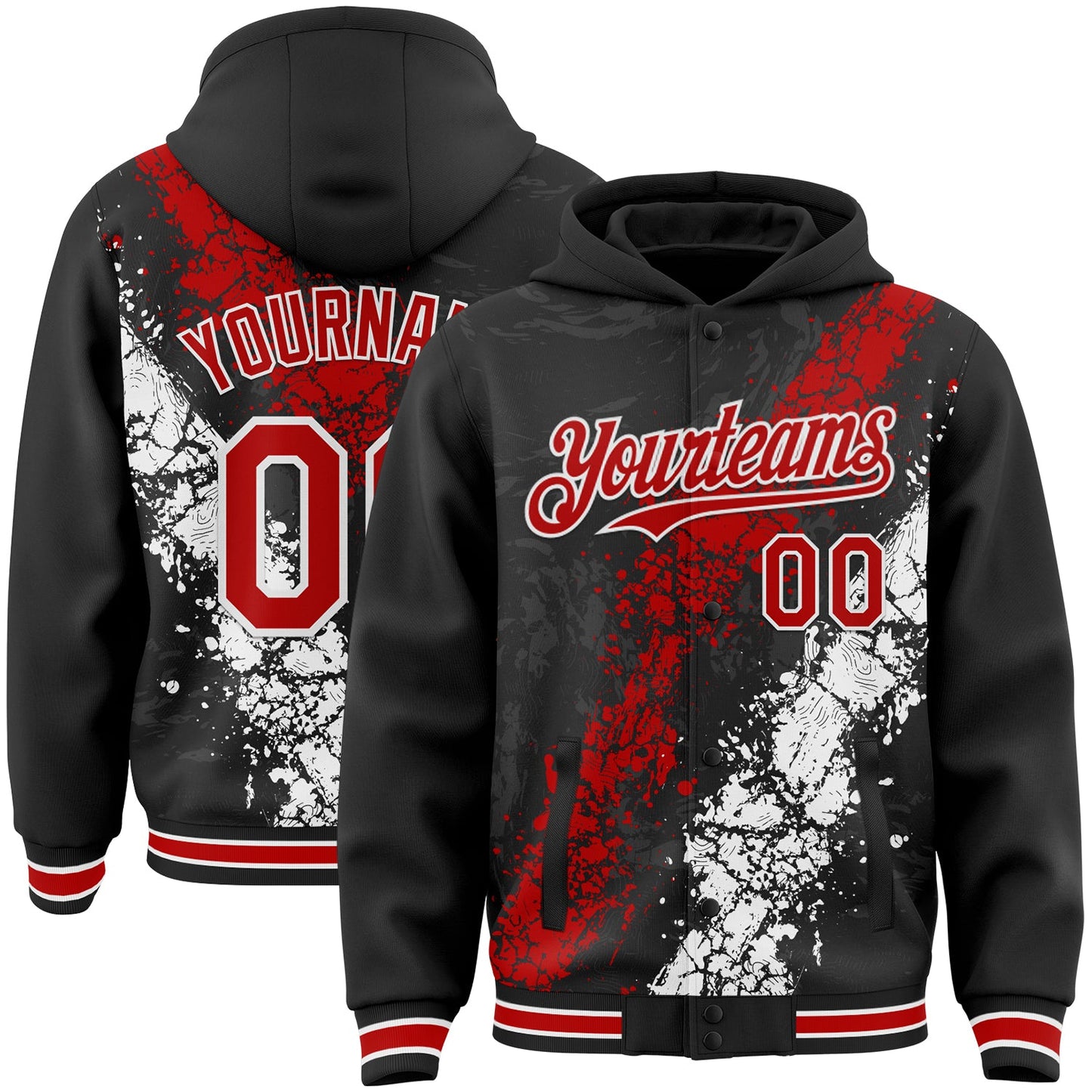 Custom Black Red-White Splash Art 3D Pattern Design Bomber Full-Snap Varsity Letterman Hoodie Jacket - Main View