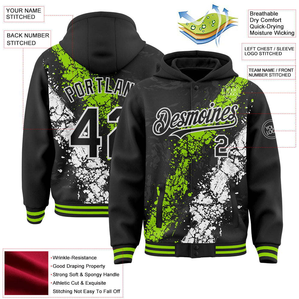 Custom Black Neon Green-White Splash Art 3D Pattern Design Bomber Full-Snap Varsity Letterman Hoodie Jacket view 4