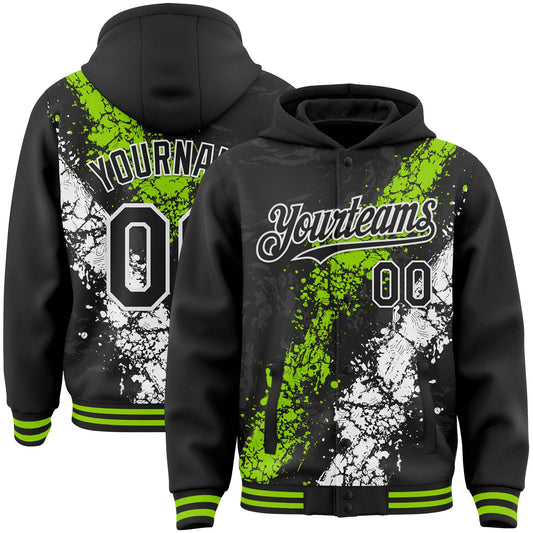 Custom Black Neon Green-White Splash Art 3D Pattern Design Bomber Full-Snap Varsity Letterman Hoodie Jacket - Main View