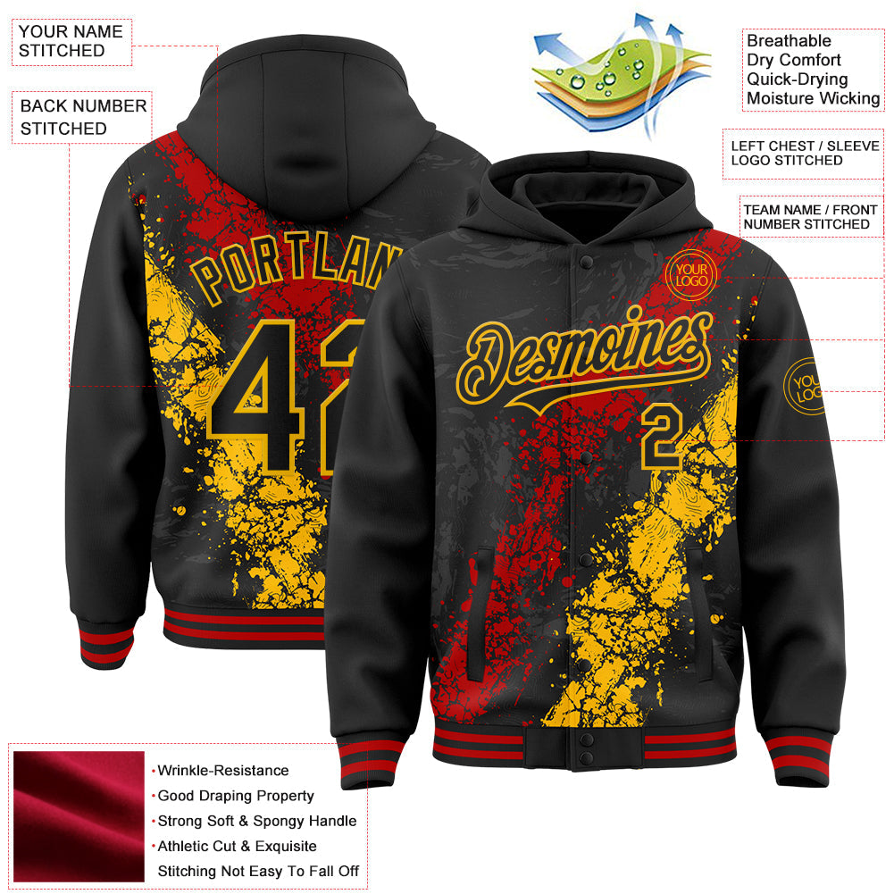 Custom Black Red-Gold Splash Art 3D Pattern Design Bomber Full-Snap Varsity Letterman Hoodie Jacket view 4
