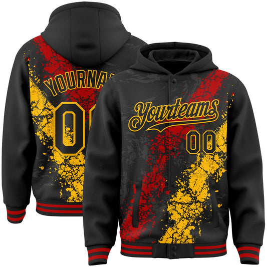 Custom Black Red-Gold Splash Art 3D Pattern Design Bomber Full-Snap Varsity Letterman Hoodie Jacket - Main View