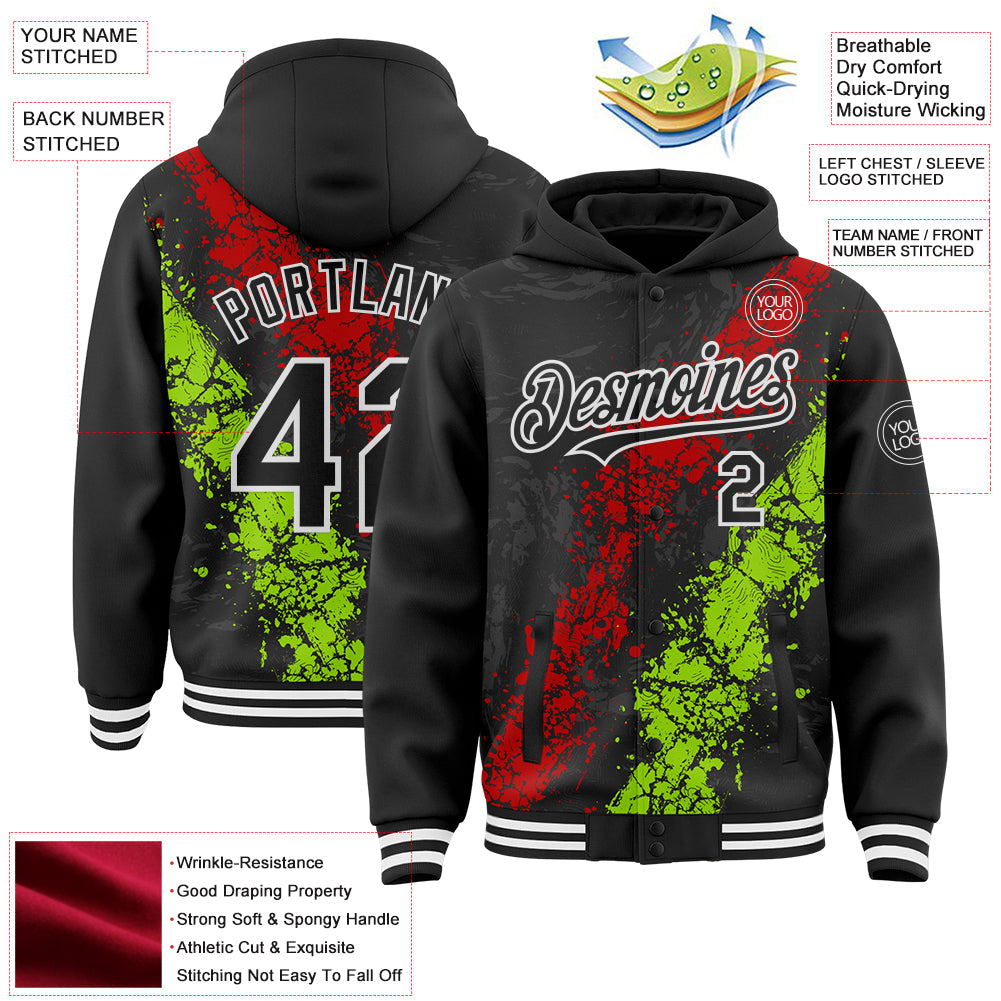 Custom Black Red Neon Green-White Splash Art 3D Pattern Design Bomber Full-Snap Varsity Letterman Hoodie Jacket view 4