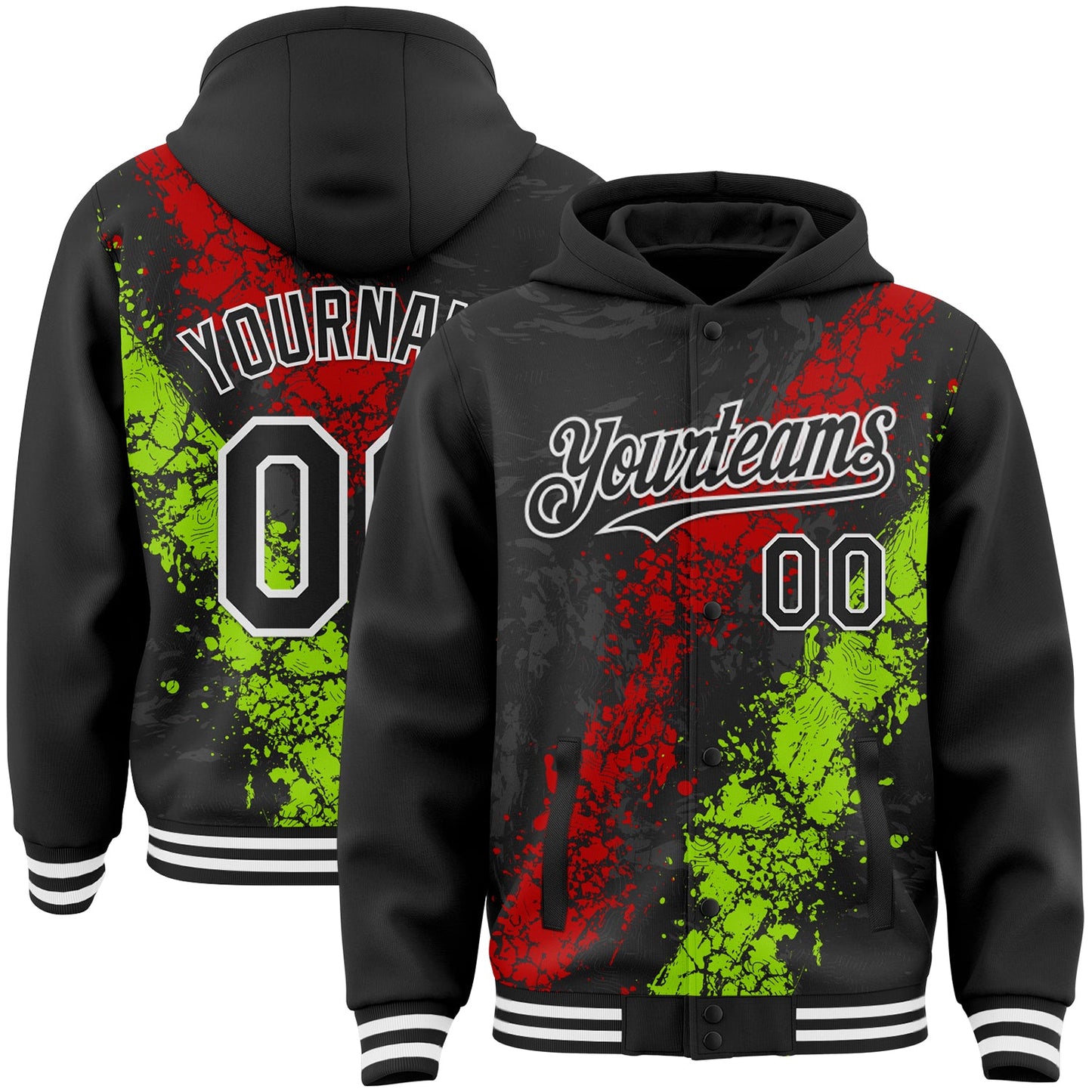 Custom Black Red Neon Green-White Splash Art 3D Pattern Design Bomber Full-Snap Varsity Letterman Hoodie Jacket - Main View