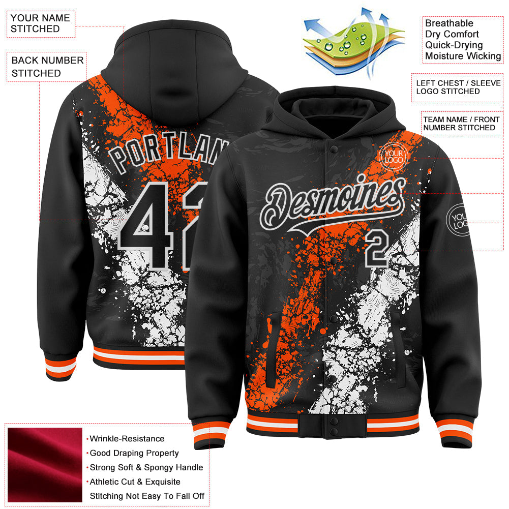 Custom Black Orange-White Splash Art 3D Pattern Design Bomber Full-Snap Varsity Letterman Hoodie Jacket view 4