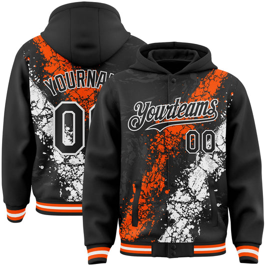Custom Black Orange-White Splash Art 3D Pattern Design Bomber Full-Snap Varsity Letterman Hoodie Jacket - Main View