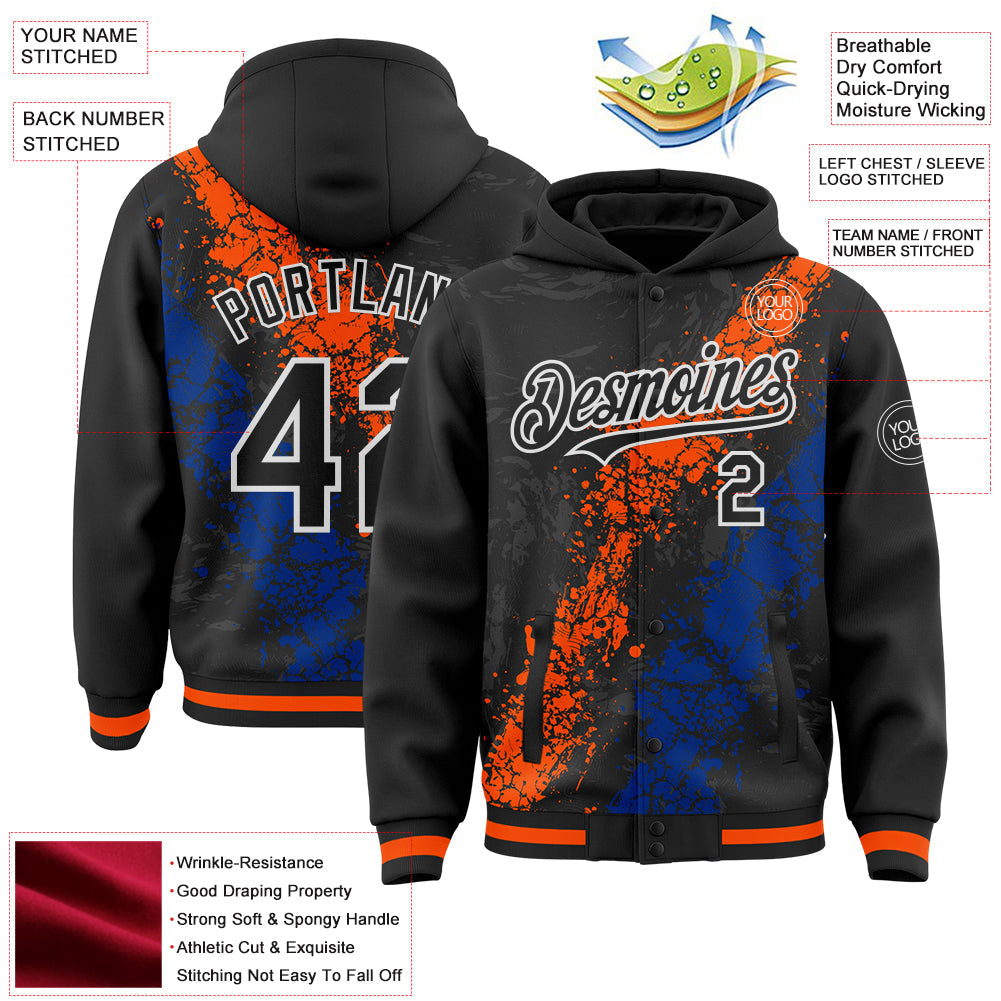 Custom Black Orange Royal-White Splash Art 3D Pattern Design Bomber Full-Snap Varsity Letterman Hoodie Jacket view 4