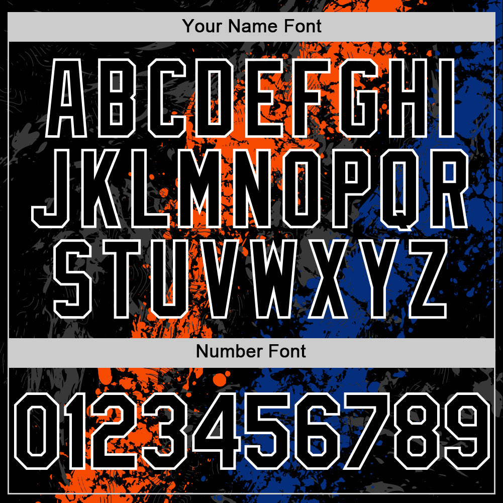 Custom Black Orange Royal-White Splash Art 3D Pattern Design Bomber Full-Snap Varsity Letterman Hoodie Jacket view 6