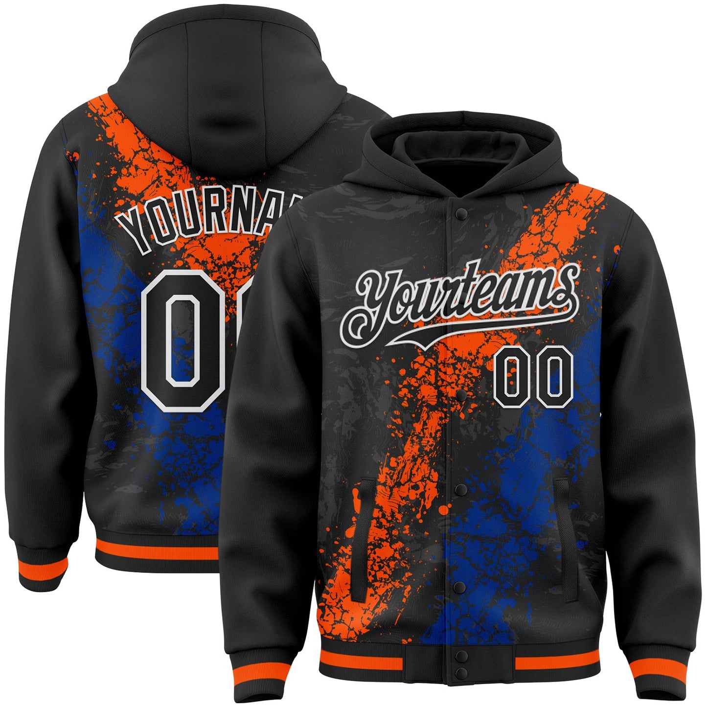 Custom Black Orange Royal-White Splash Art 3D Pattern Design Bomber Full-Snap Varsity Letterman Hoodie Jacket - Main View