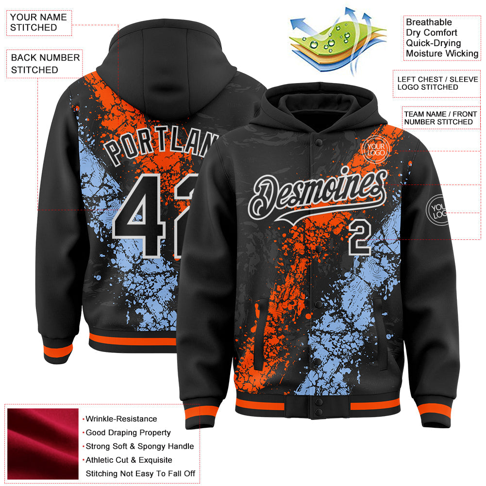 Custom Black Orange Light Blue-White Splash Art 3D Pattern Design Bomber Full-Snap Varsity Letterman Hoodie Jacket view 4