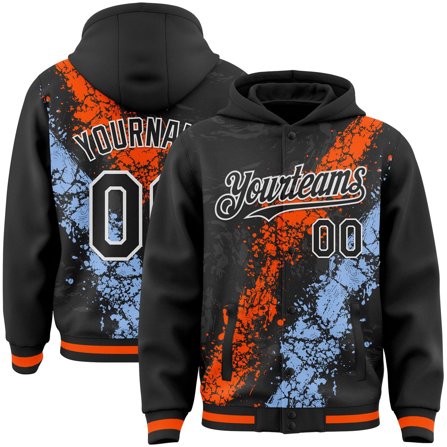 Custom Black Orange Light Blue-White Splash Art 3D Pattern Design Bomber Full-Snap Varsity Letterman Hoodie Jacket - Main View
