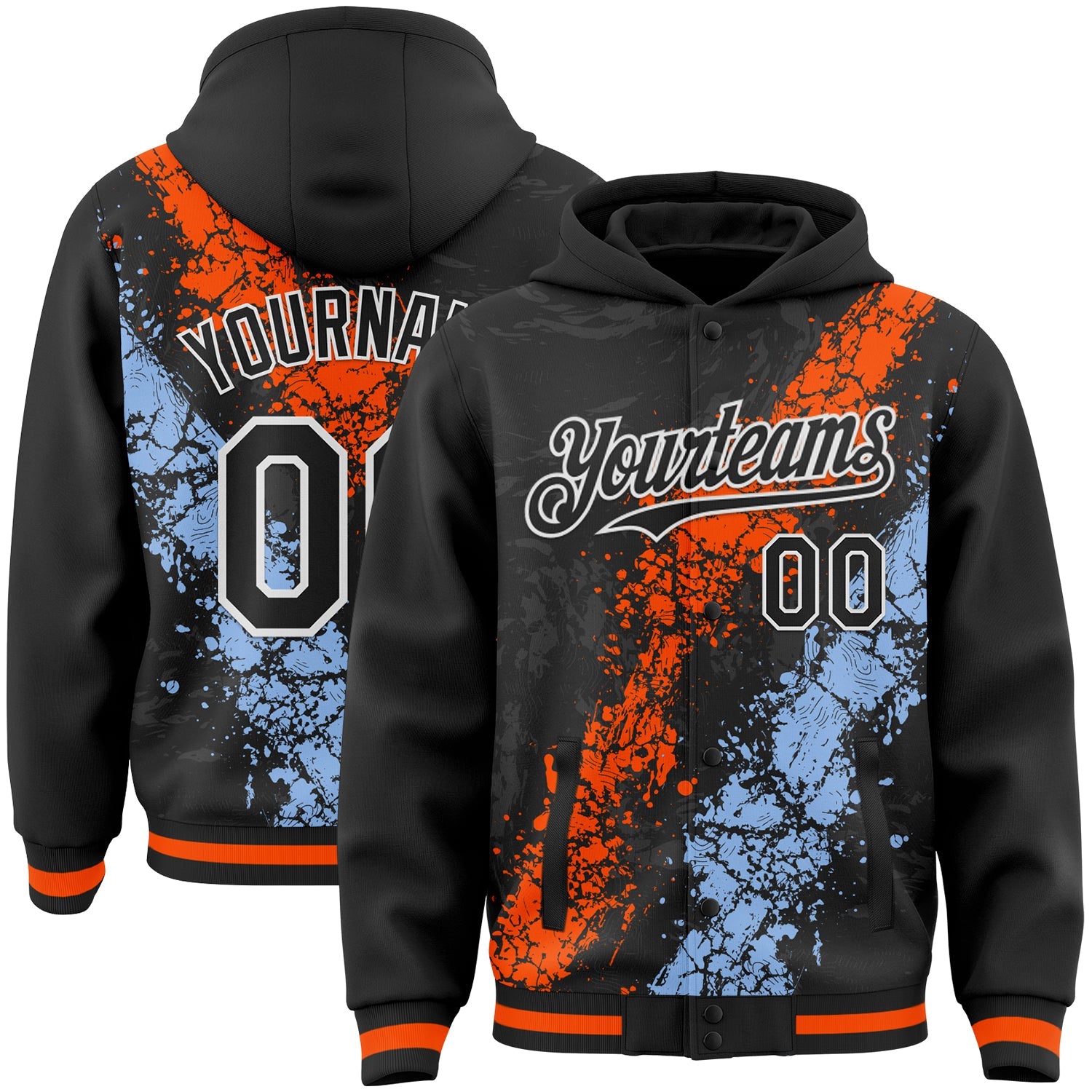 Custom Black Orange Light Blue-White Splash Art 3D Pattern Design Bomber Full-Snap Varsity Letterman Hoodie Jacket - Main View