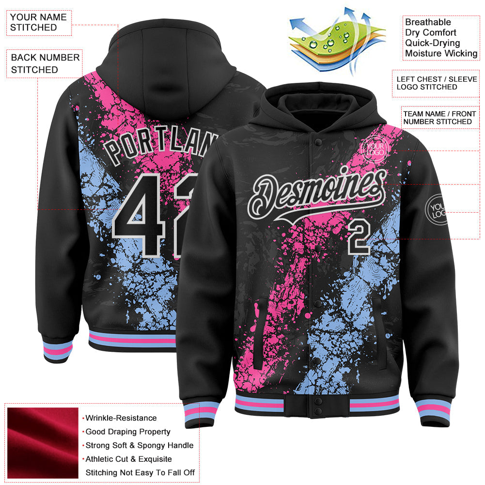 Custom Black Pink Light Blue-White Splash Art 3D Pattern Design Bomber Full-Snap Varsity Letterman Hoodie Jacket view 4