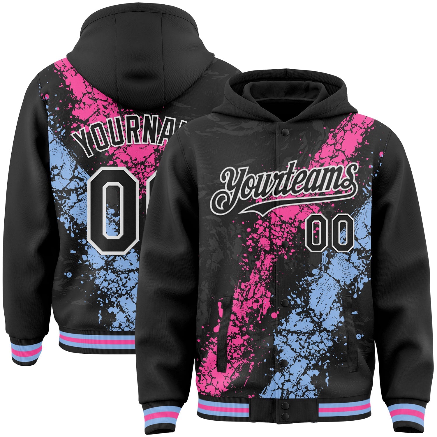 Custom Black Pink Light Blue-White Splash Art 3D Pattern Design Bomber Full-Snap Varsity Letterman Hoodie Jacket - Main View