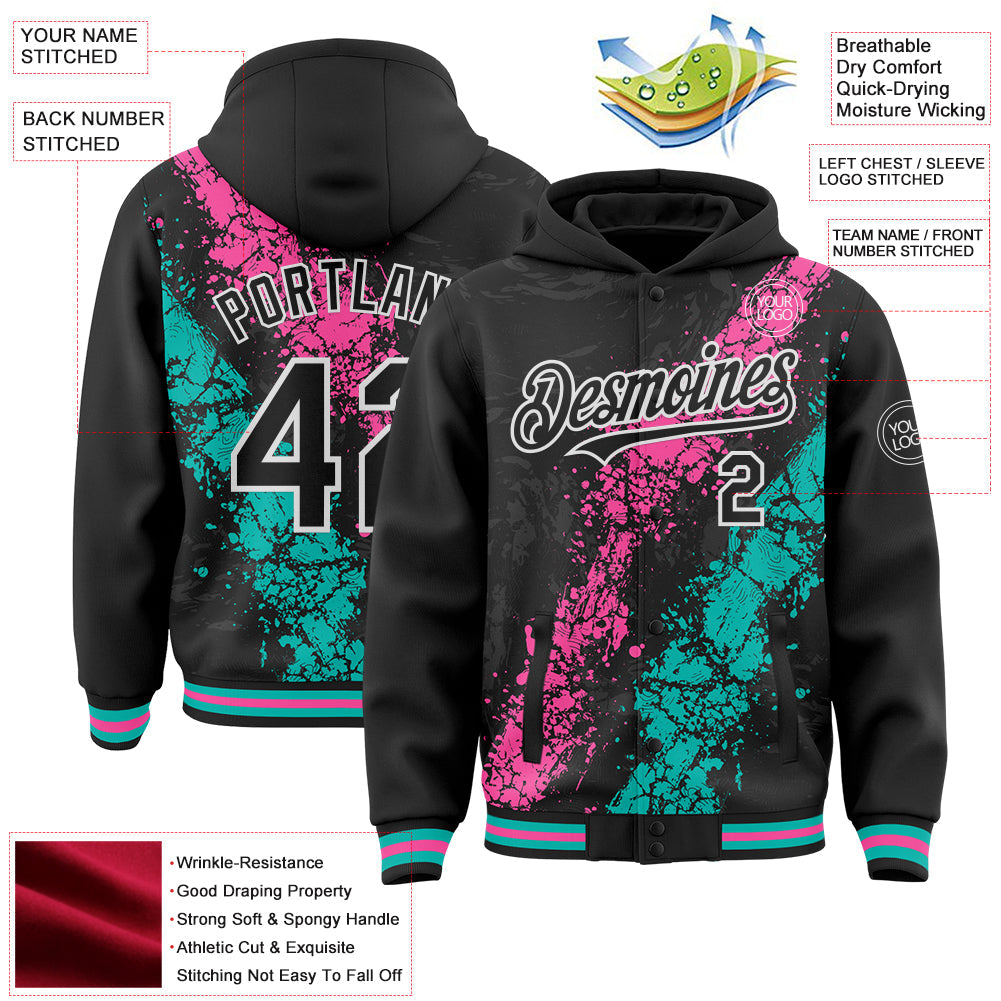 Custom Black Pink Aqua-White Splash Art 3D Pattern Design Bomber Full-Snap Varsity Letterman Hoodie Jacket view 4