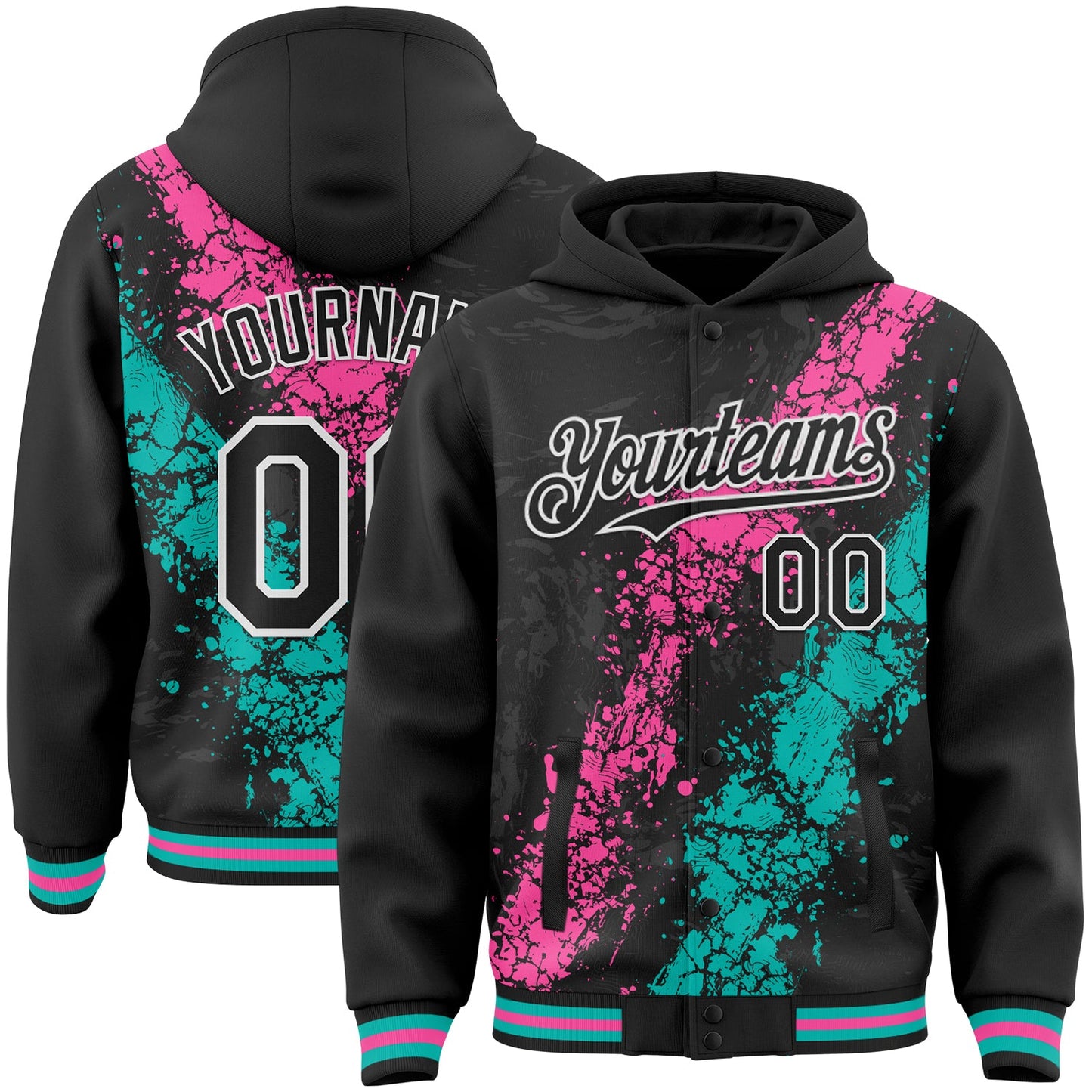 Custom Black Pink Aqua-White Splash Art 3D Pattern Design Bomber Full-Snap Varsity Letterman Hoodie Jacket - Main View