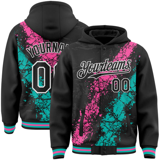 Custom Black Pink Aqua-White Splash Art 3D Pattern Design Bomber Full-Snap Varsity Letterman Hoodie Jacket - Main View