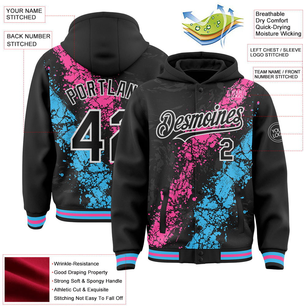 Custom Black Pink Sky Blue-White Splash Art 3D Pattern Design Bomber Full-Snap Varsity Letterman Hoodie Jacket view 4