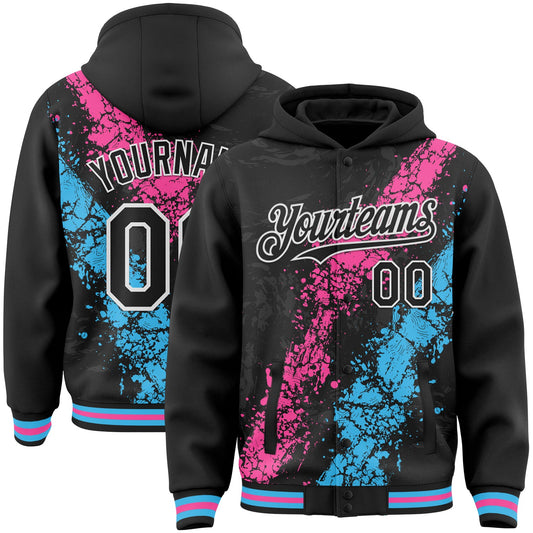 Custom Black Pink Sky Blue-White Splash Art 3D Pattern Design Bomber Full-Snap Varsity Letterman Hoodie Jacket - Main View