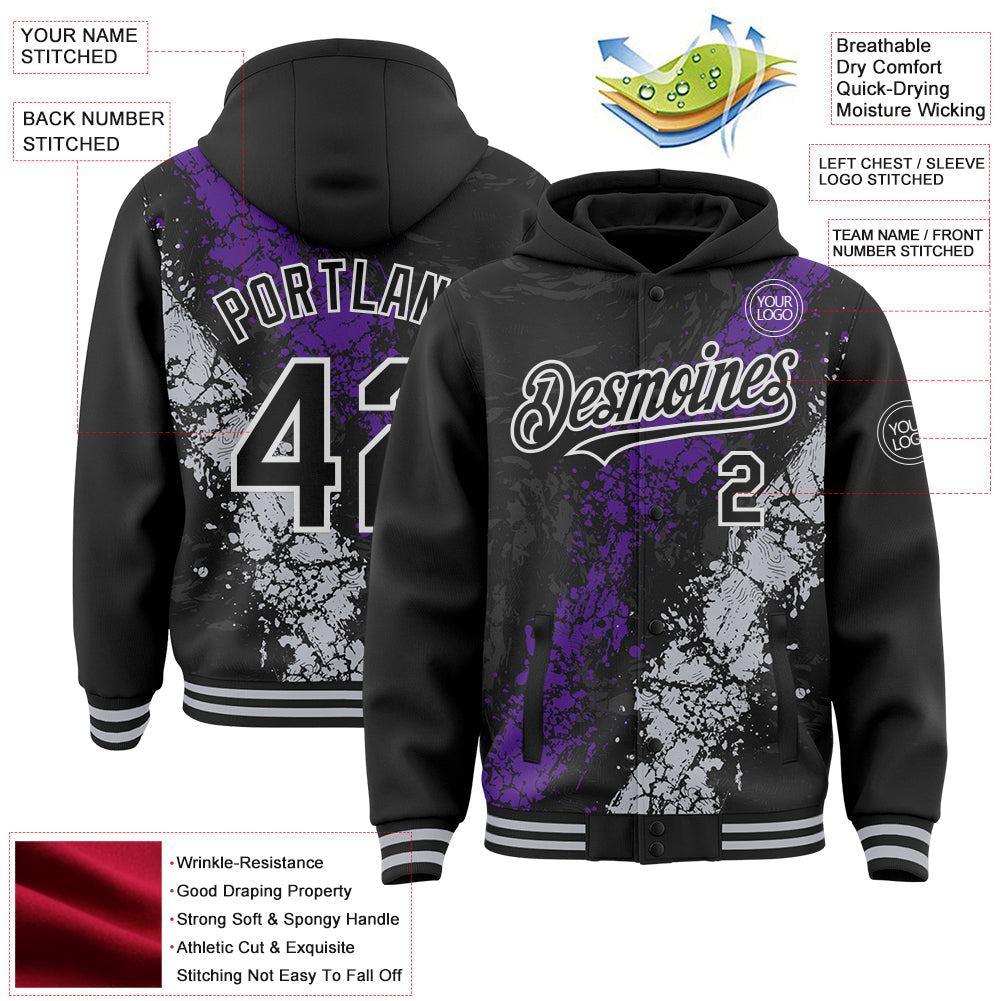 Custom Black Purple Gray-White Splash Art 3D Pattern Design Bomber Full-Snap Varsity Letterman Hoodie Jacket view 4