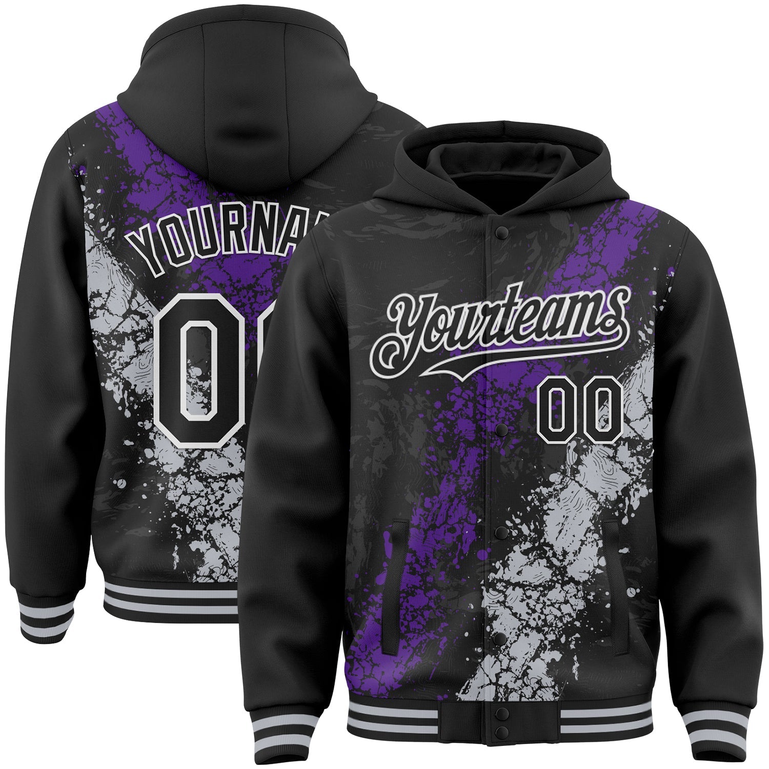 Custom Black Purple Gray-White Splash Art 3D Pattern Design Bomber Full-Snap Varsity Letterman Hoodie Jacket - Main View