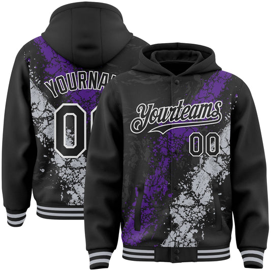 Custom Black Purple Gray-White Splash Art 3D Pattern Design Bomber Full-Snap Varsity Letterman Hoodie Jacket - Main View