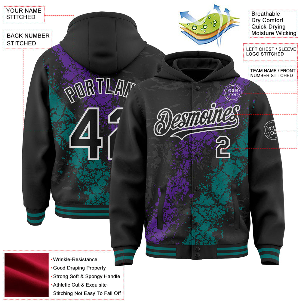 Custom Black Purple Teal-White Splash Art 3D Pattern Design Bomber Full-Snap Varsity Letterman Hoodie Jacket view 4