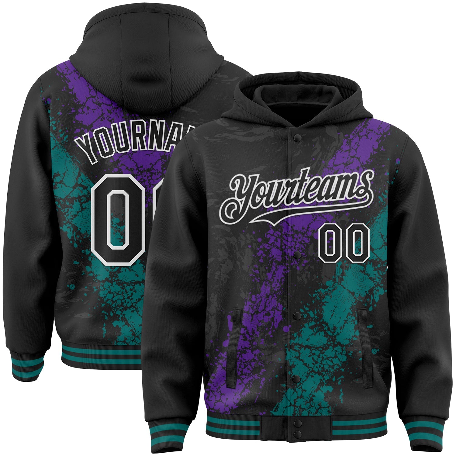 Custom Black Purple Teal-White Splash Art 3D Pattern Design Bomber Full-Snap Varsity Letterman Hoodie Jacket - Main View