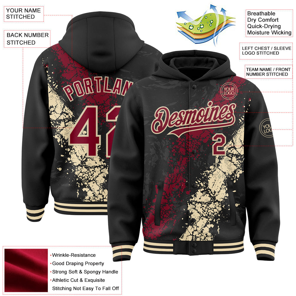 Custom Black Crimson-Cream Splash Art 3D Pattern Design Bomber Full-Snap Varsity Letterman Hoodie Jacket view 4