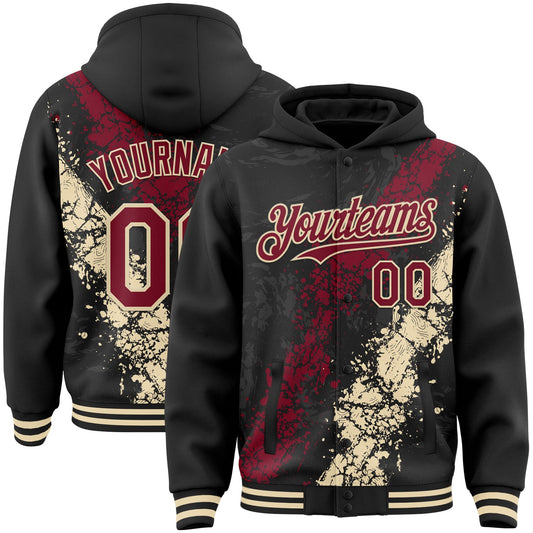 Custom Black Crimson-Cream Splash Art 3D Pattern Design Bomber Full-Snap Varsity Letterman Hoodie Jacket - Main View