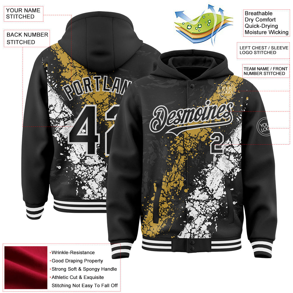 Custom Black Old Gold-White Splash Art 3D Pattern Design Bomber Full-Snap Varsity Letterman Hoodie Jacket view 4