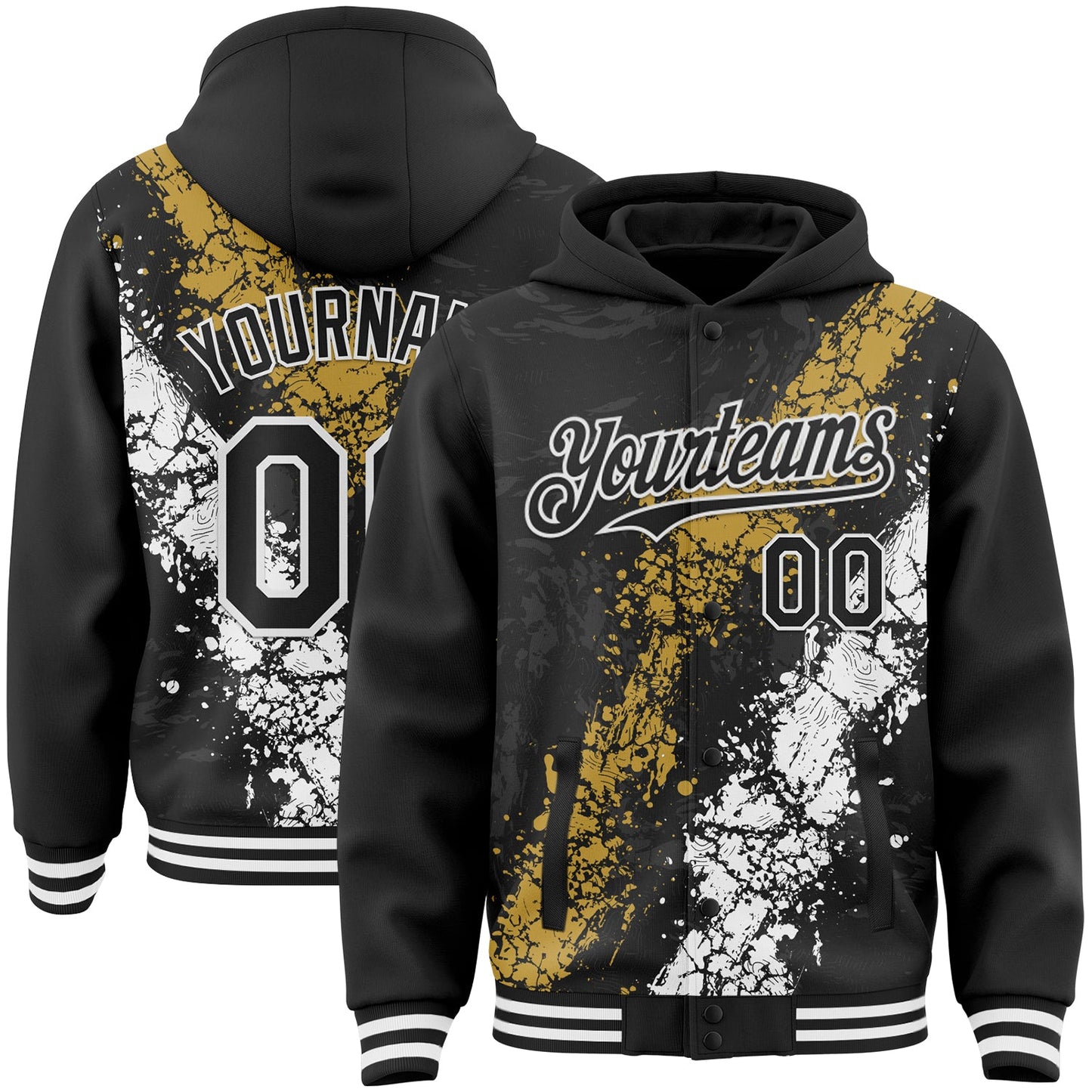 Custom Black Old Gold-White Splash Art 3D Pattern Design Bomber Full-Snap Varsity Letterman Hoodie Jacket - Main View