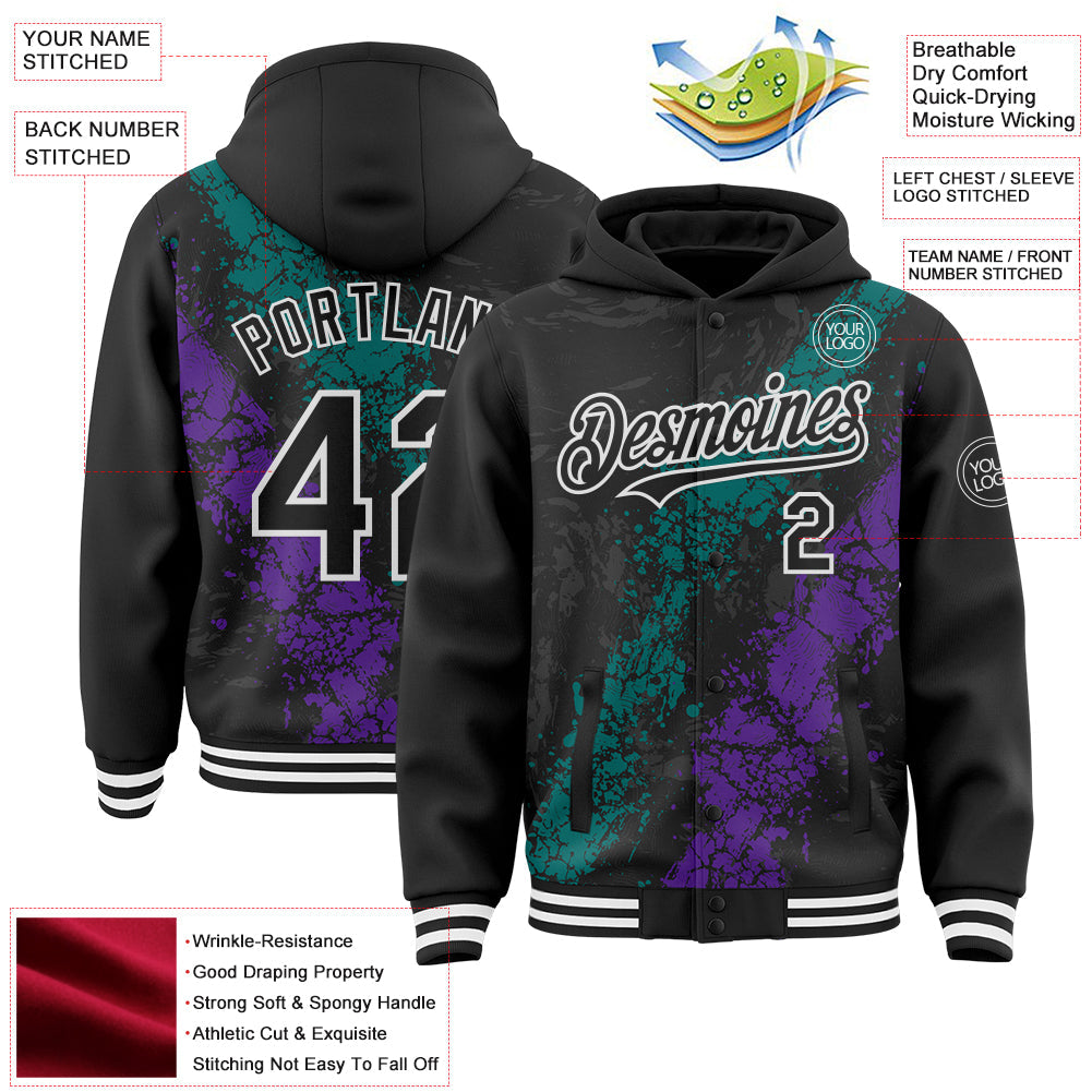 Custom Black Teal Purple-White Splash Art 3D Pattern Design Bomber Full-Snap Varsity Letterman Hoodie Jacket view 4