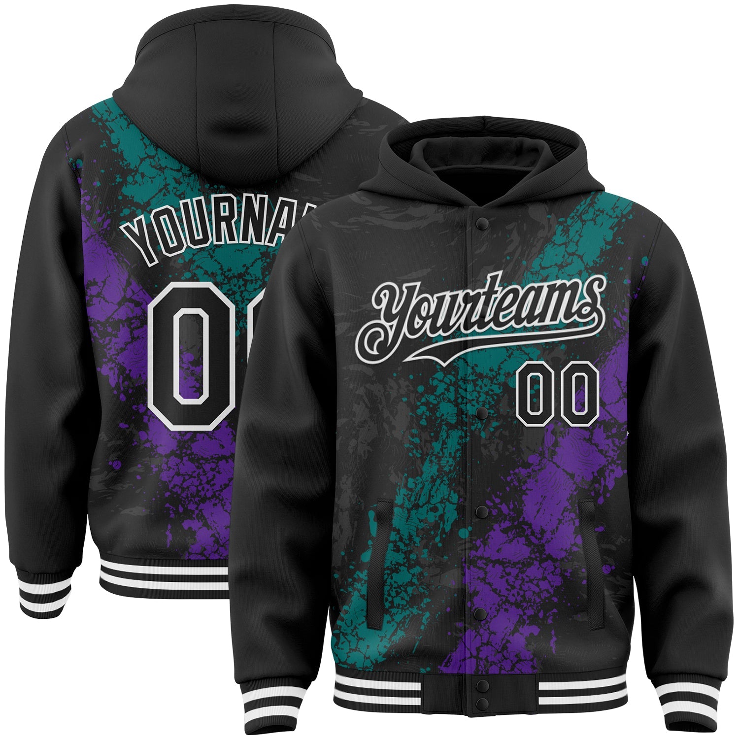 Custom Black Teal Purple-White Splash Art 3D Pattern Design Bomber Full-Snap Varsity Letterman Hoodie Jacket - Main View