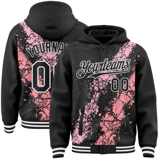 Custom Black Light Pink Medium Pink-White Splash Art 3D Pattern Design Bomber Full-Snap Varsity Letterman Hoodie Jacket - Main View