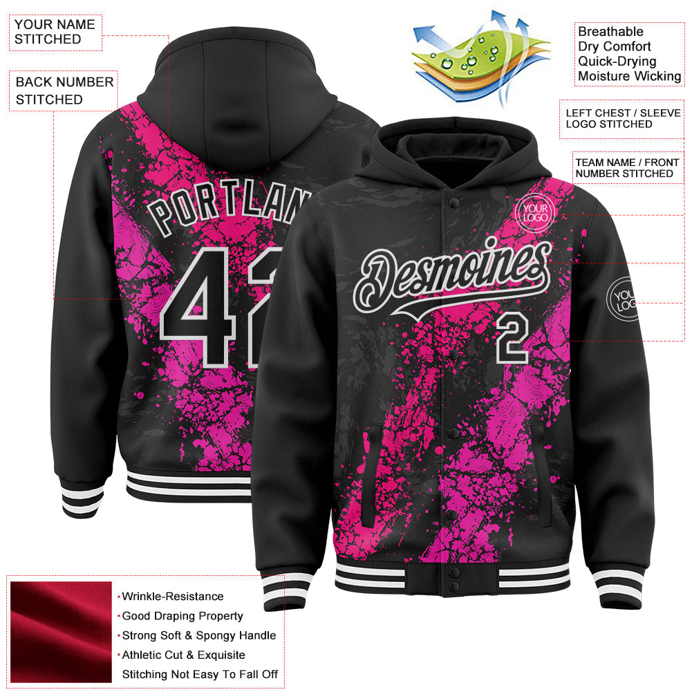 Custom Black Hot Pink Deep Pink-White Splash Art 3D Pattern Design Bomber Full-Snap Varsity Letterman Hoodie Jacket view 4