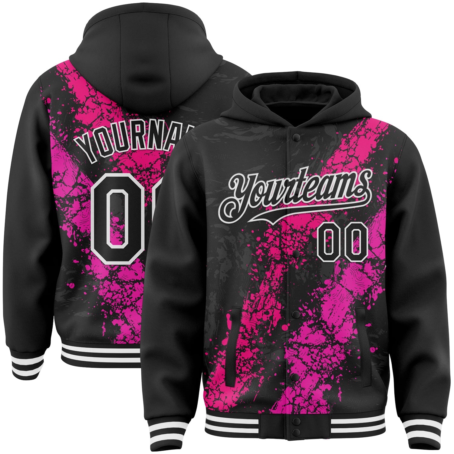 Custom Black Hot Pink Deep Pink-White Splash Art 3D Pattern Design Bomber Full-Snap Varsity Letterman Hoodie Jacket - Main View