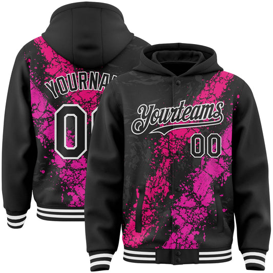 Custom Black Hot Pink Deep Pink-White Splash Art 3D Pattern Design Bomber Full-Snap Varsity Letterman Hoodie Jacket - Main View