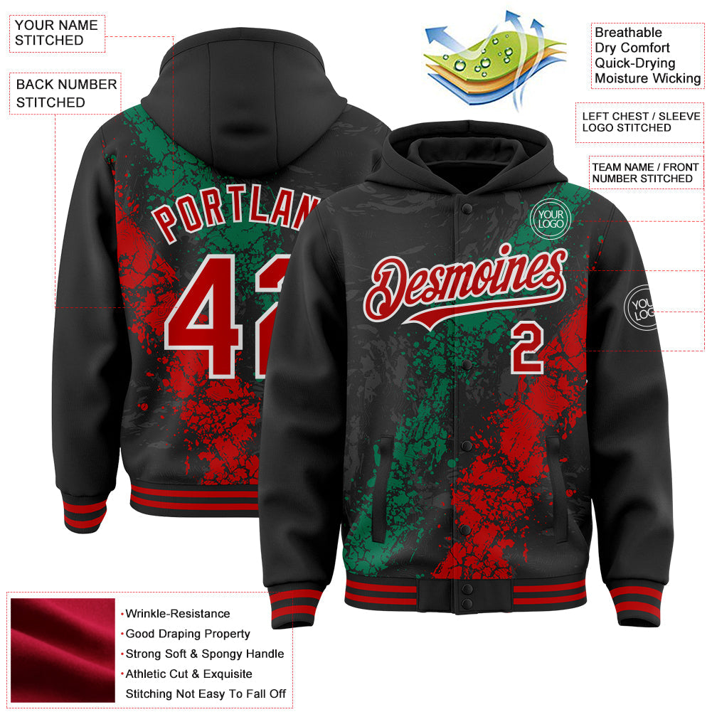 Custom Black Red Kelly Green-White Splash Art 3D Pattern Design Bomber Full-Snap Varsity Letterman Hoodie Jacket view 4